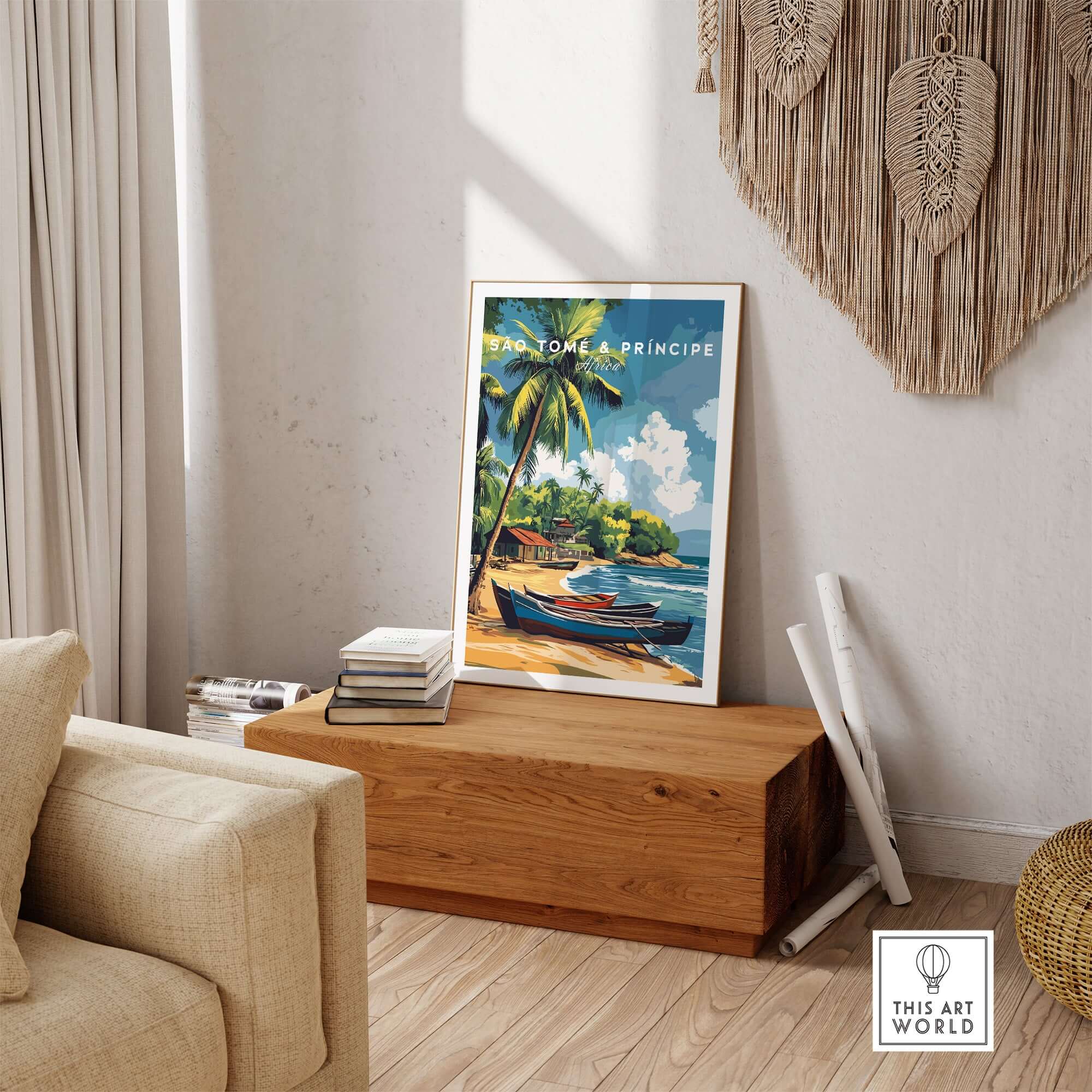 São Tomé and Príncipe Poster - Tropical Bliss Art displayed in a stylish living room setting.