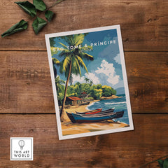 São Tomé and Príncipe Poster - Tropical Bliss Art featuring a vibrant beach scene with palm trees and colorful boats.