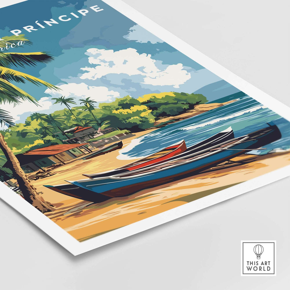 São Tomé and Príncipe poster featuring tropical beach scene with colorful boats and palm trees.