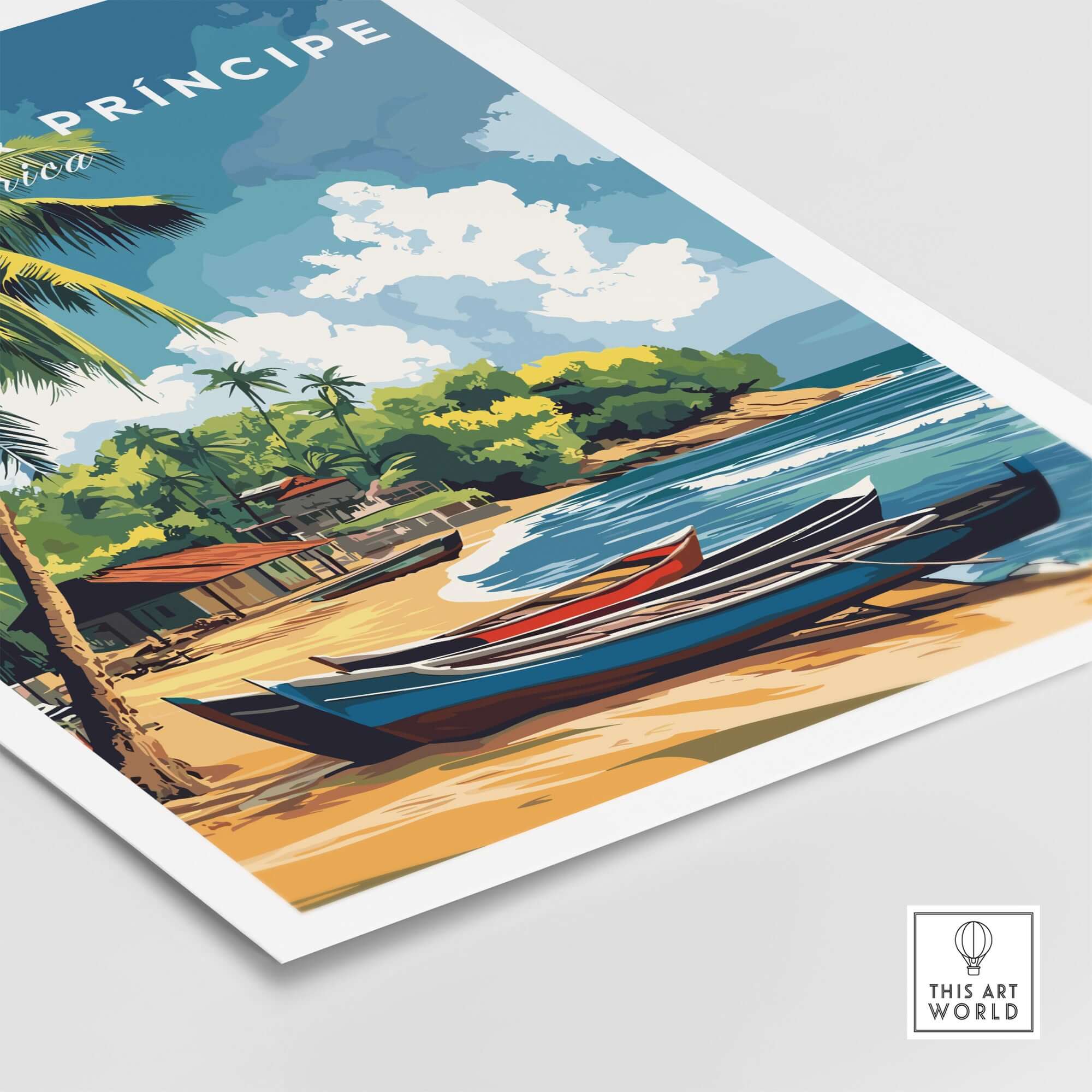 São Tomé and Príncipe Poster - Tropical Bliss Art featuring a beach scene with boats and palm trees.