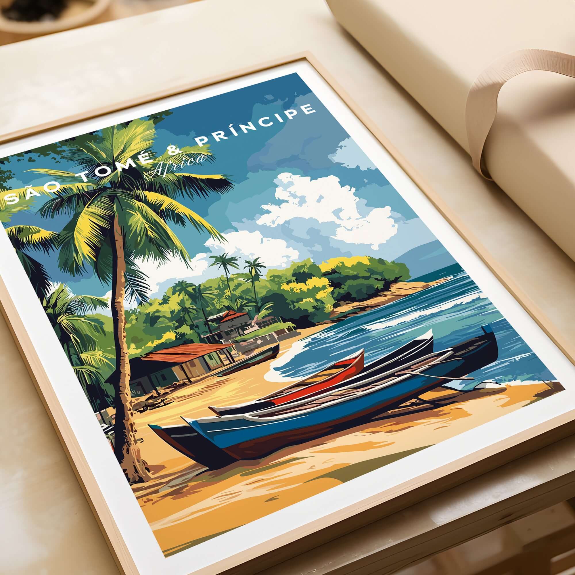 São Tomé and Príncipe Poster - Tropical Bliss Art featuring a serene beach scene with boats and palm trees.