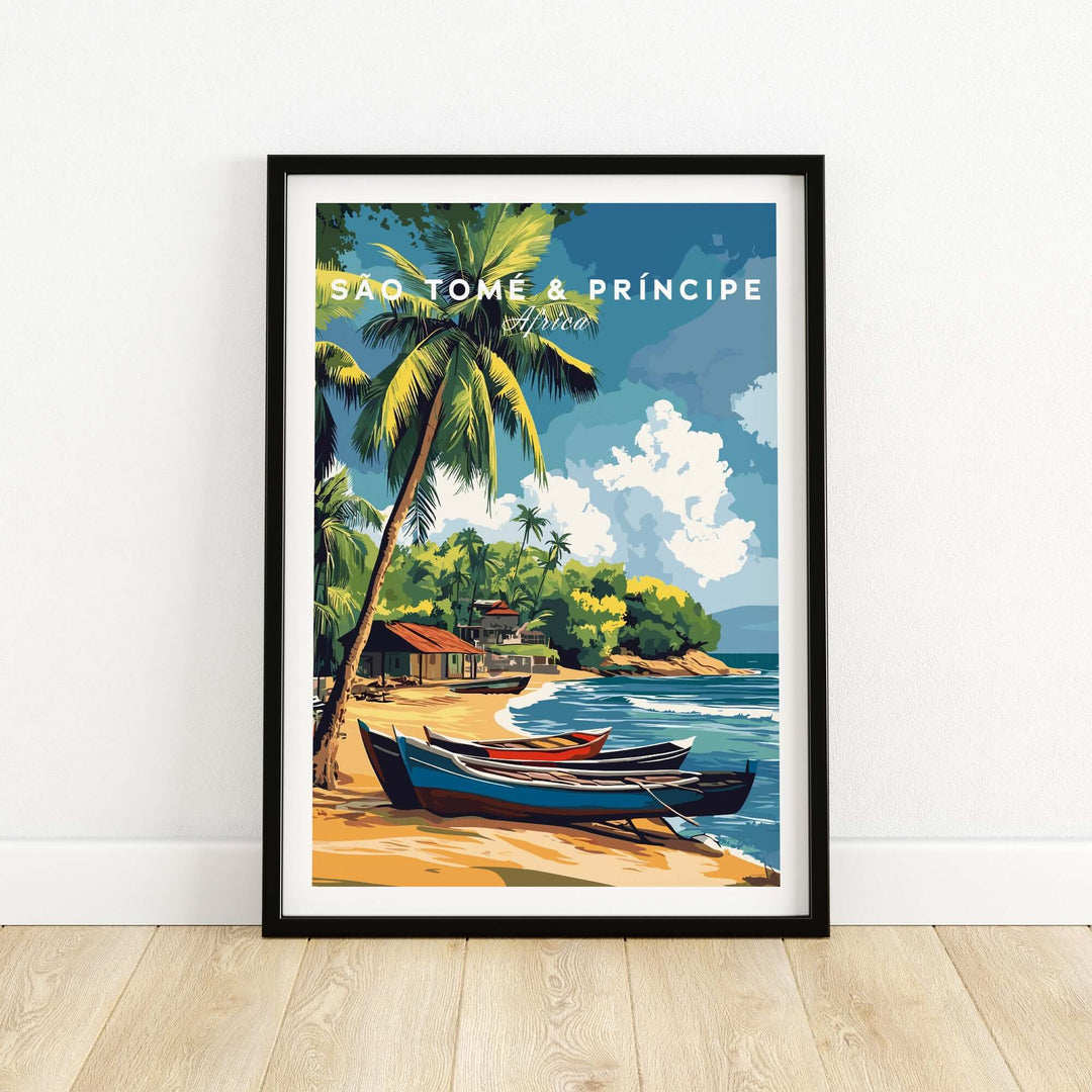 São Tomé and Príncipe tropical beach poster featuring boats and palm trees, perfect for home decor.