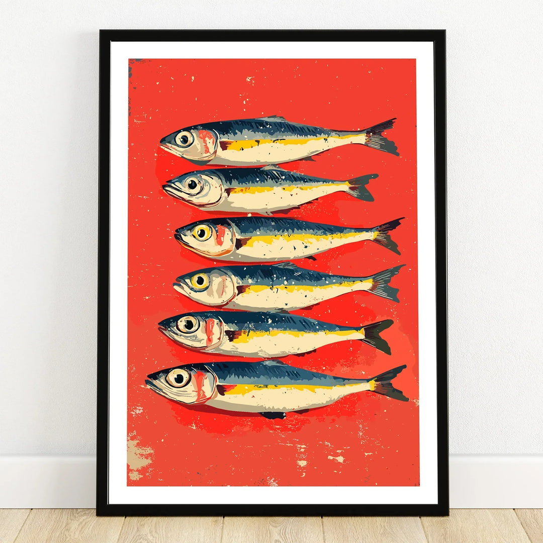 Framed fish art print with six sardines on red background, coastal wall decor for home