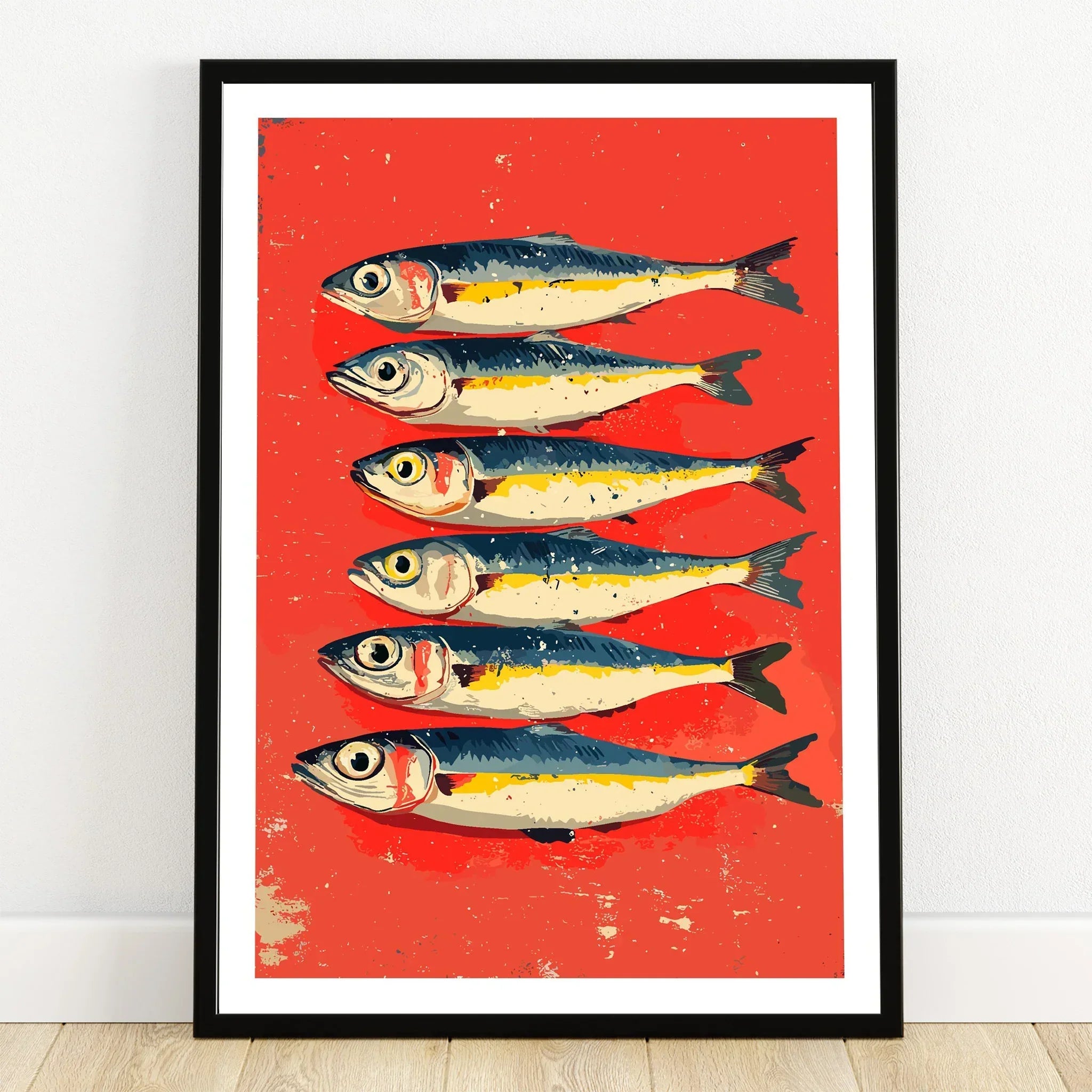 Framed fish art print with six sardines on red background, coastal wall decor for home