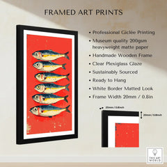 Framed fish art print with red background, black frame, white mat — ready to hang wall decor