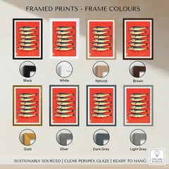 Framed fish art print in multiple frame colors: black, white, natural, brown, gold, silver, dark grey, light grey