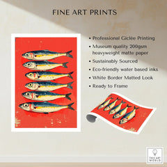 Fish art print with six sardines on red background, fine art wall decor ready to frame