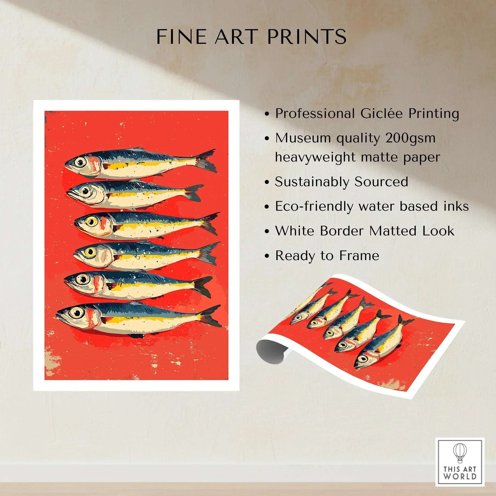 Fish art print with six sardines on red background, fine art wall decor ready to frame