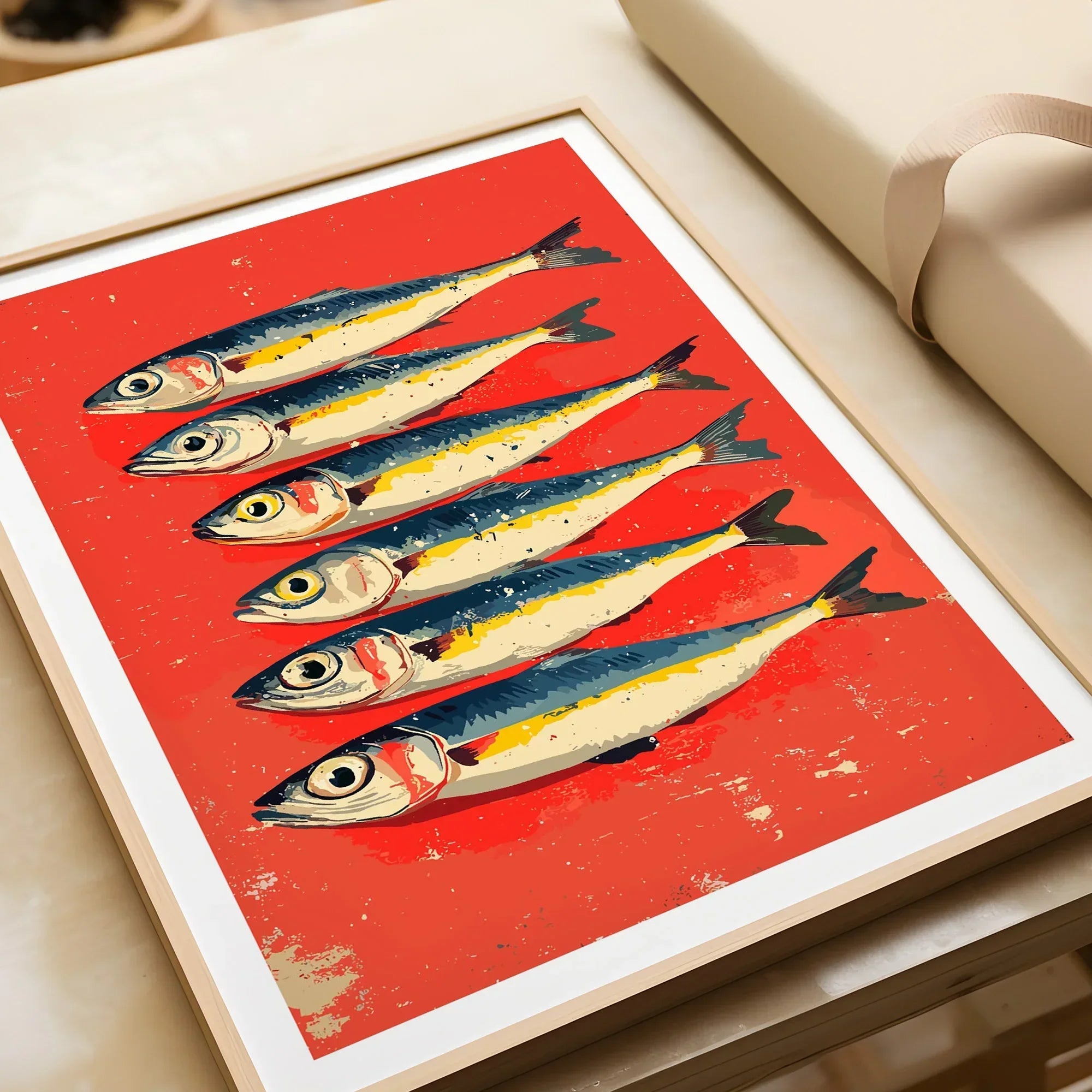 Framed fish art print with six sardines on red background, coastal wall decor for home
