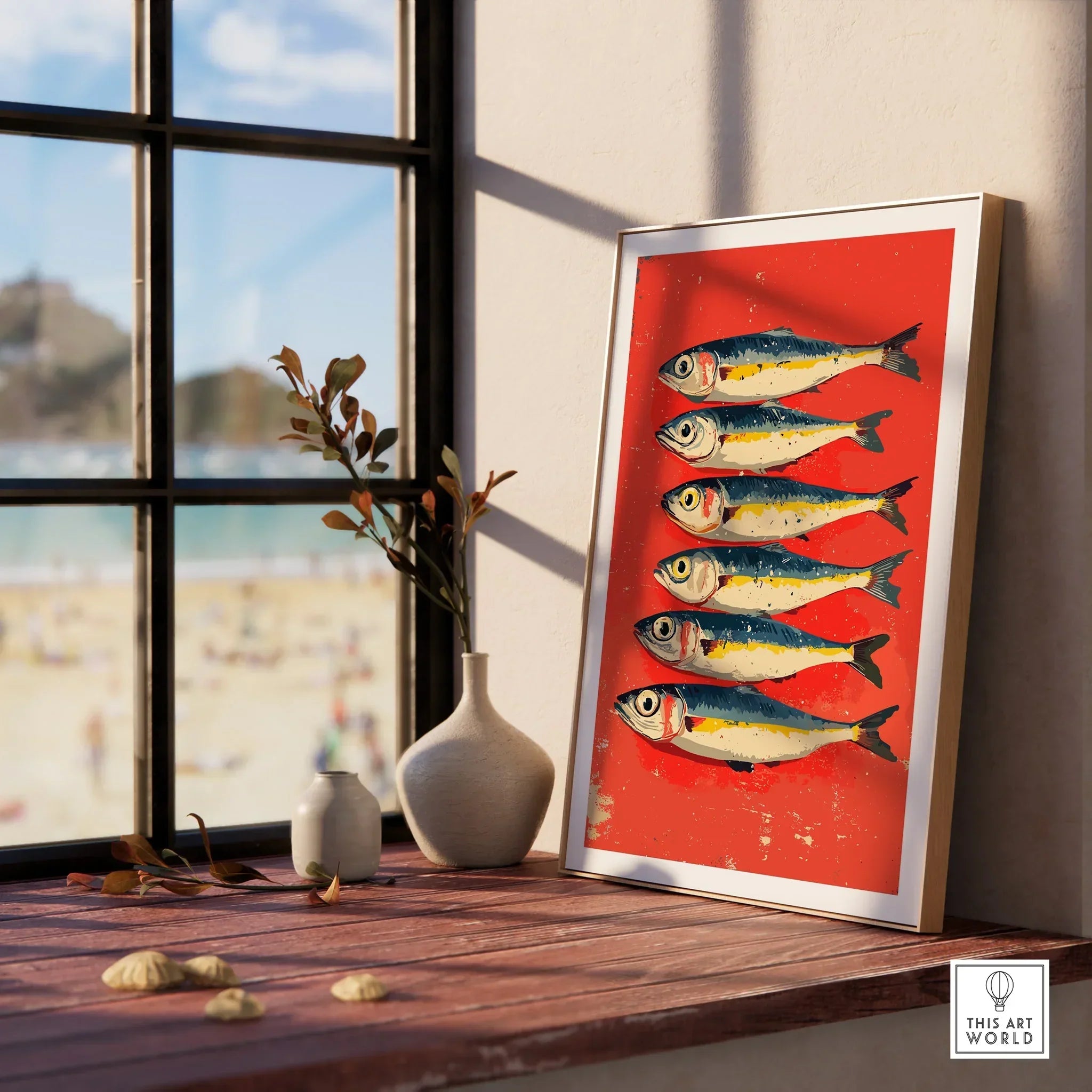 Framed fish art print with red background, displayed by beach window for coastal home decor