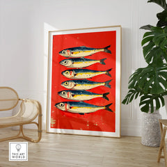 Vibrant red fish art print with six illustrated sardines, perfect for coastal or modern home decor wall art.
