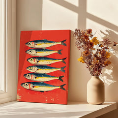 Vibrant red canvas art featuring six illustrated fish, perfect for coastal or modern home decor.