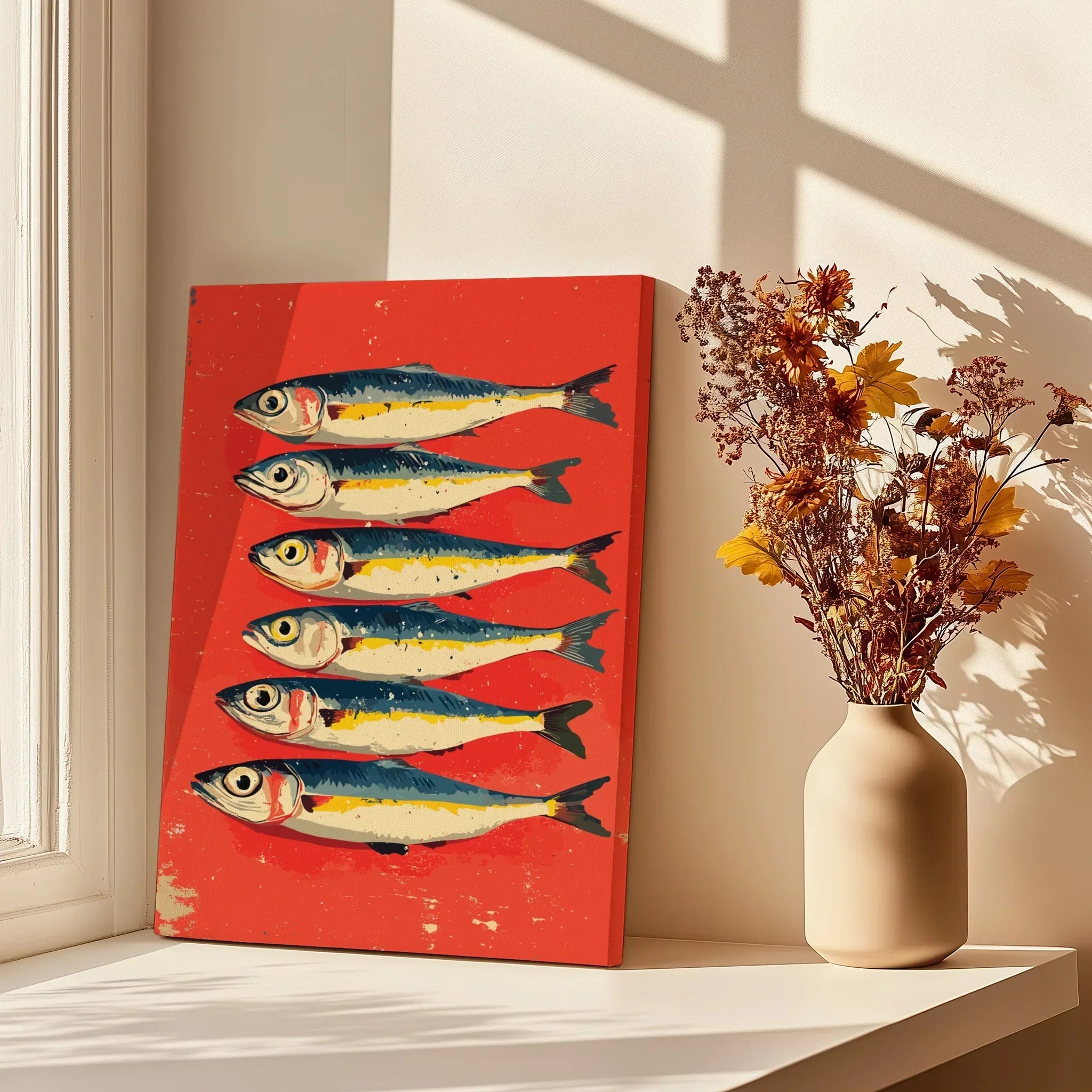 Vibrant red canvas art featuring six illustrated fish, perfect for coastal or modern home decor.