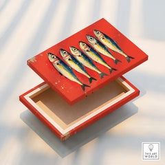 Vibrant red canvas art print featuring five illustrated fish, perfect for coastal or modern home decor wall art.