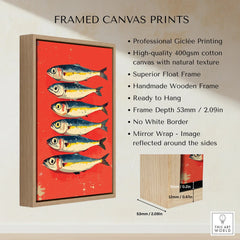 Framed canvas print with six fish on red background, handmade wooden float frame, ready to hang wall art