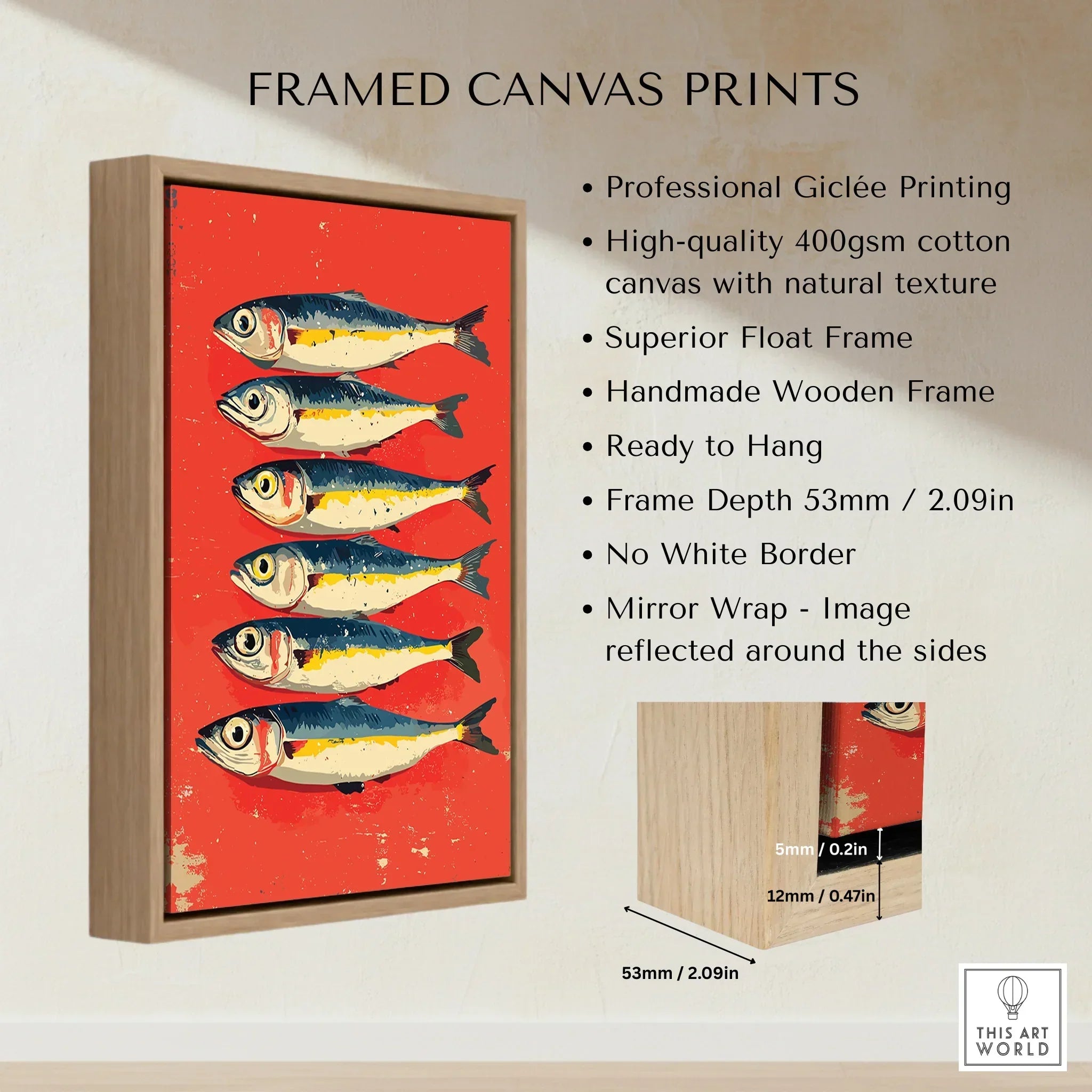 Framed canvas print with six fish on red background, handmade wooden float frame, ready to hang wall art