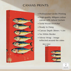 Vibrant red canvas print with six illustrated fish, ready to hang wall art for home decor