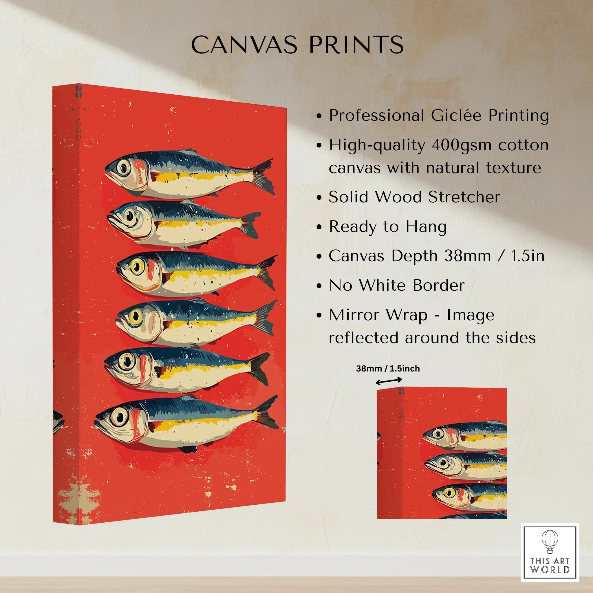 Vibrant red canvas print with six illustrated fish, ready to hang wall art for home decor
