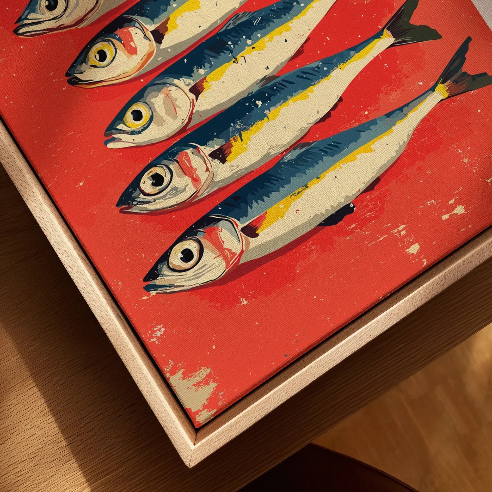 Vibrant fish art print on canvas with red background, coastal wall decor for home
