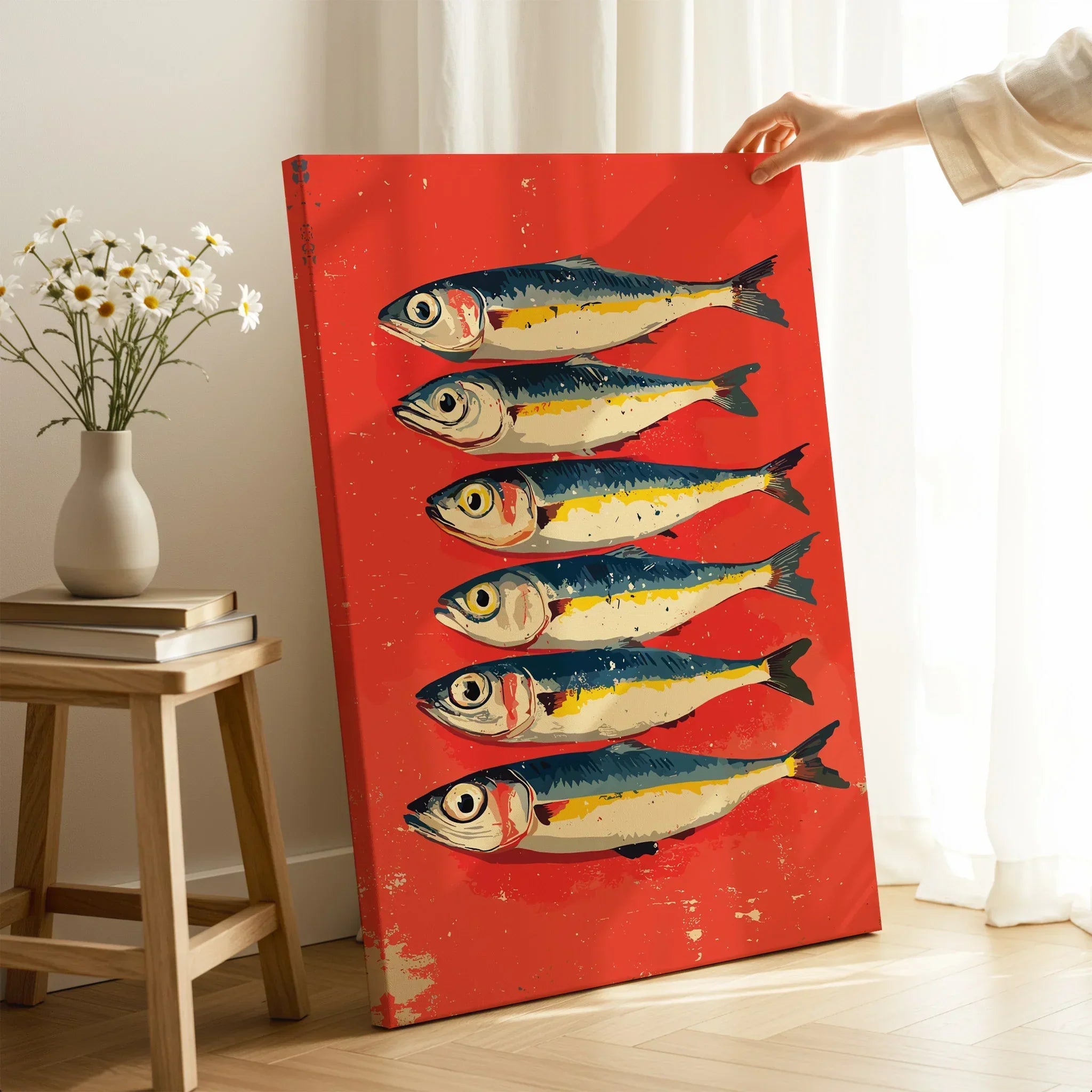 Vibrant red canvas art featuring six illustrated fish, perfect for coastal or modern home wall decor.