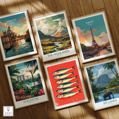 Framed travel posters of Venice, Paris, Scotland Highlands, Singapore, Sri Lanka & fish art for wall decor