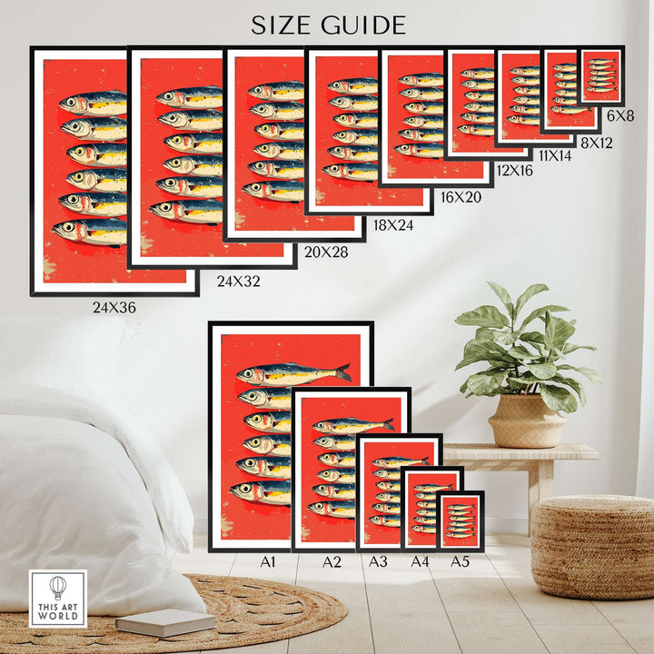 Sardines Poster Print size guide showing various frame sizes for seafood art decor in modern kitchens.