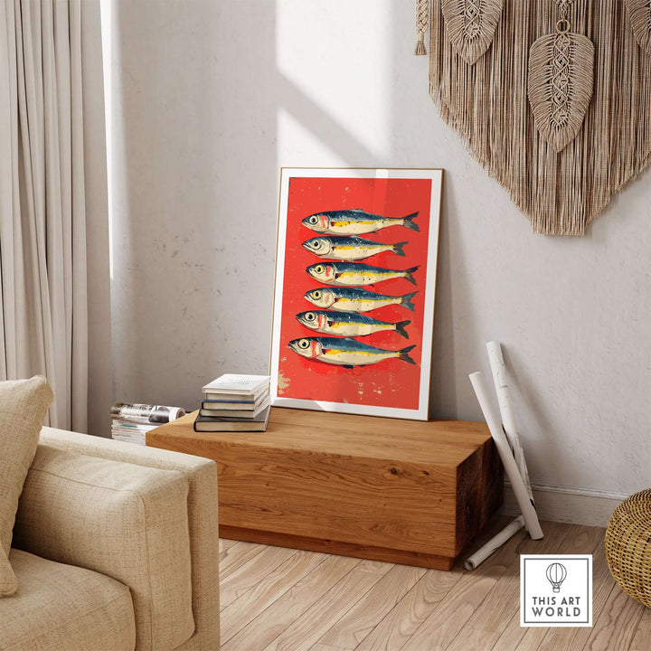 Sardines poster print displayed in modern kitchen decor, featuring vibrant seafood artwork on a red background.