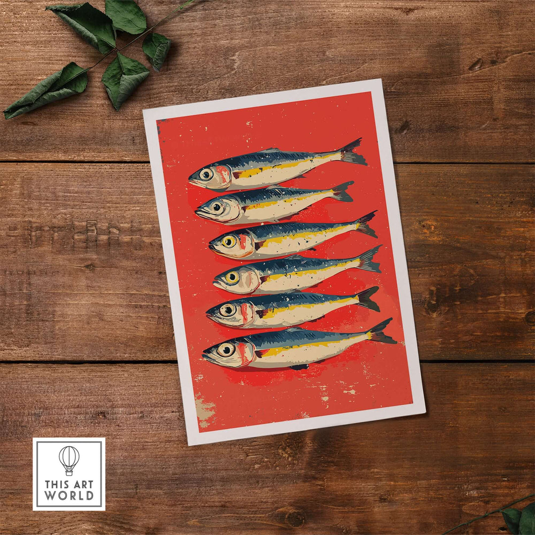 Sardines poster print featuring vibrant seafood art on a red background, perfect for modern kitchen decor.