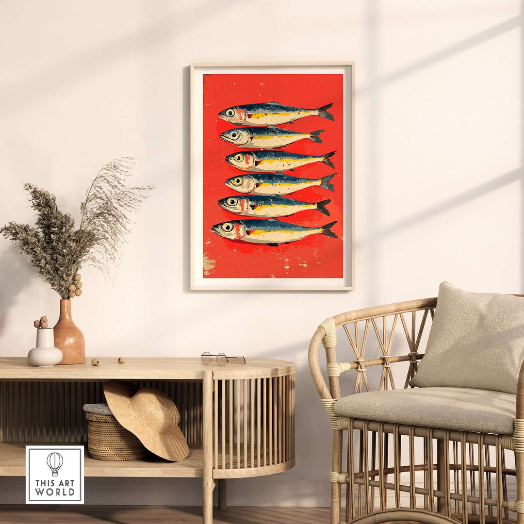 Sardines poster print in a modern kitchen setting, vibrant seafood art decor for contemporary spaces.