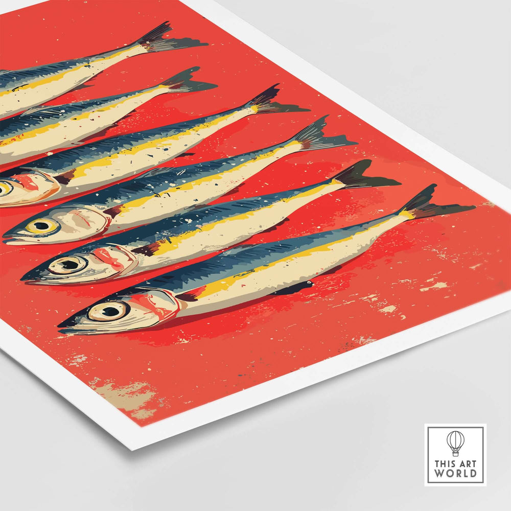 Sardines poster print featuring colorful seafood art on a vibrant red background, perfect for modern kitchen decor.