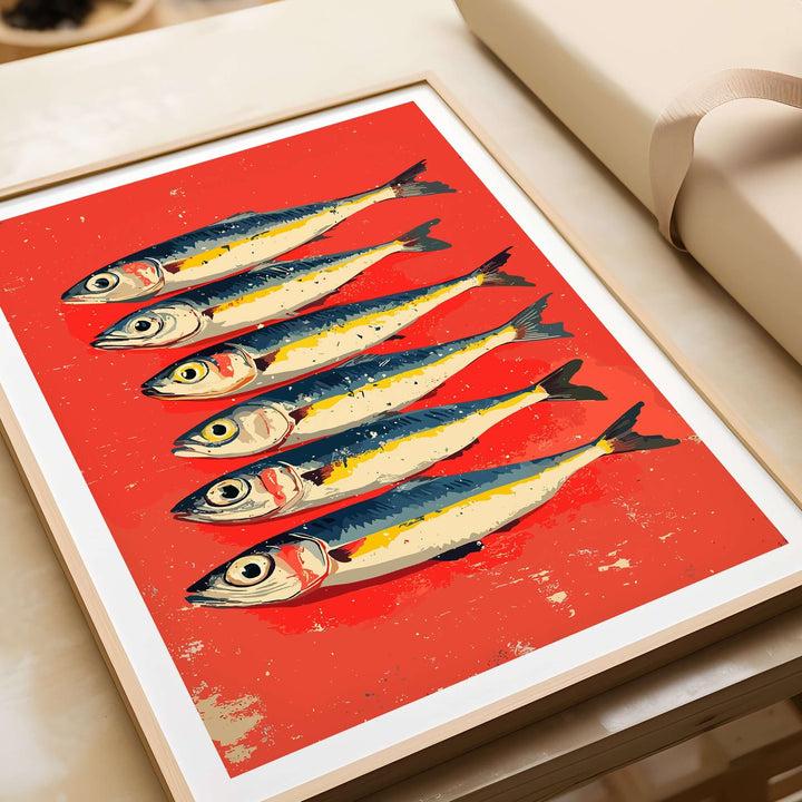 Sardines poster print featuring vibrant seafood art on a red background, perfect for modern kitchen decor.