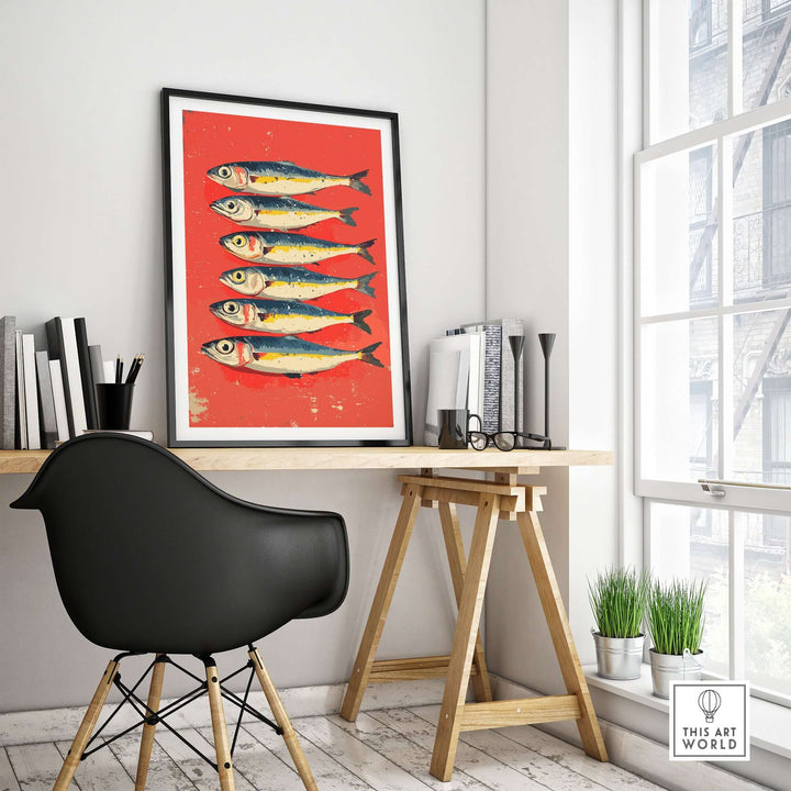 Sardines poster print in modern kitchen decor, featuring vibrant seafood art on a red background.