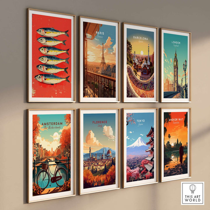 Colorful travel poster prints featuring iconic cities and sardines artwork, perfect for modern home decor.