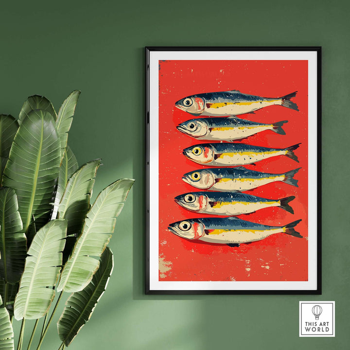 Sardines poster print featuring colorful seafood art, perfect for modern kitchen decor.