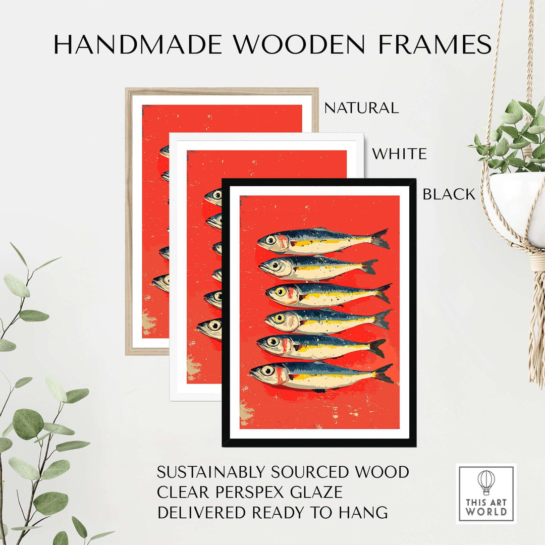 Handmade wooden frames in natural, white, and black for sardines poster print, made from sustainably sourced wood.