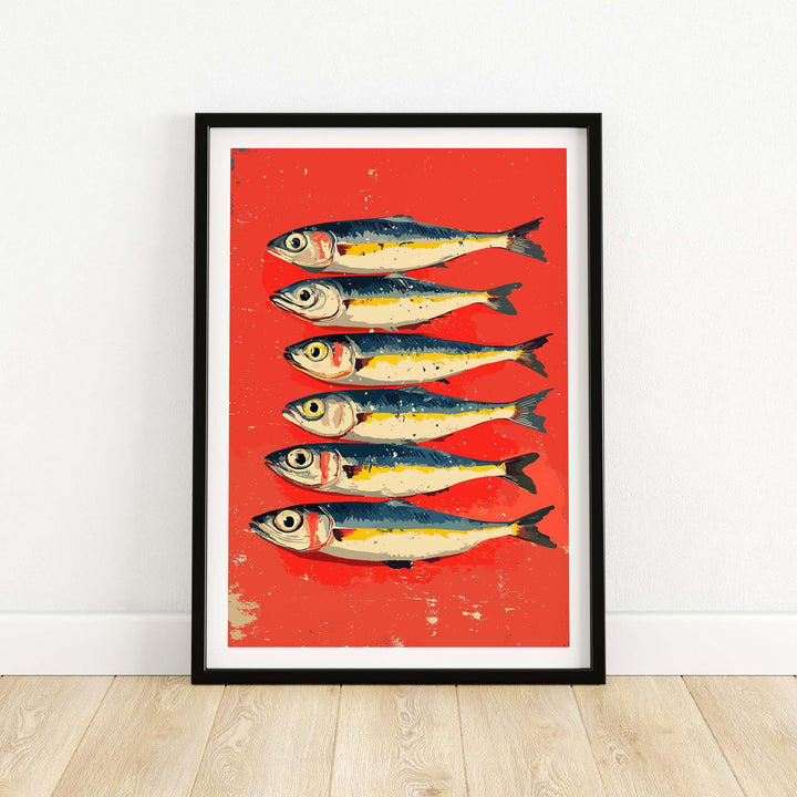 Sardines poster print featuring colorful seafood art on a vibrant red background, perfect for modern kitchen decor.