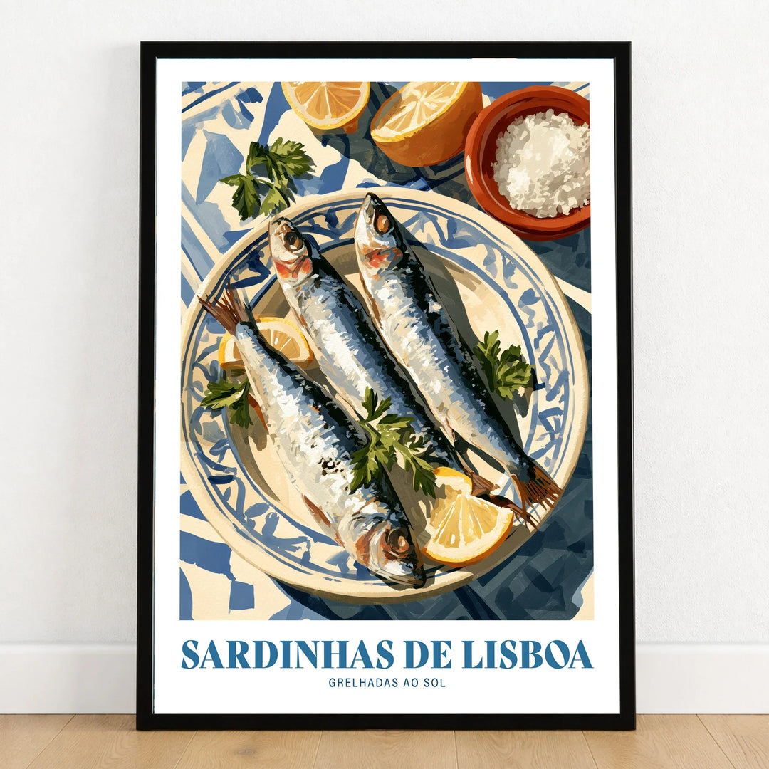 Lisbon Sardines Portuguese Kitchen Wall Art - art print in black frame on wooden floor