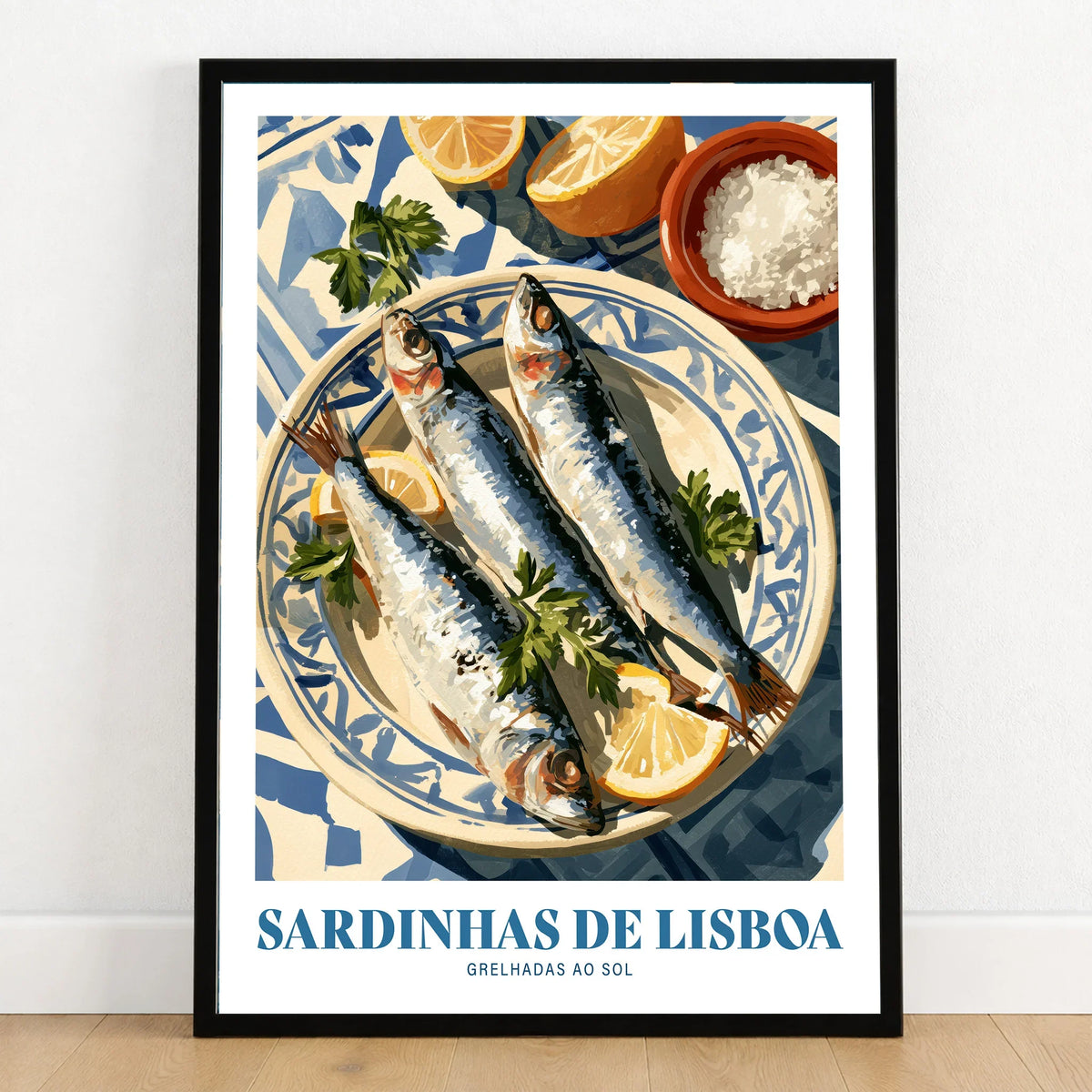 Lisbon Sardines Portuguese Kitchen Wall Art - art print in black frame on wooden floor