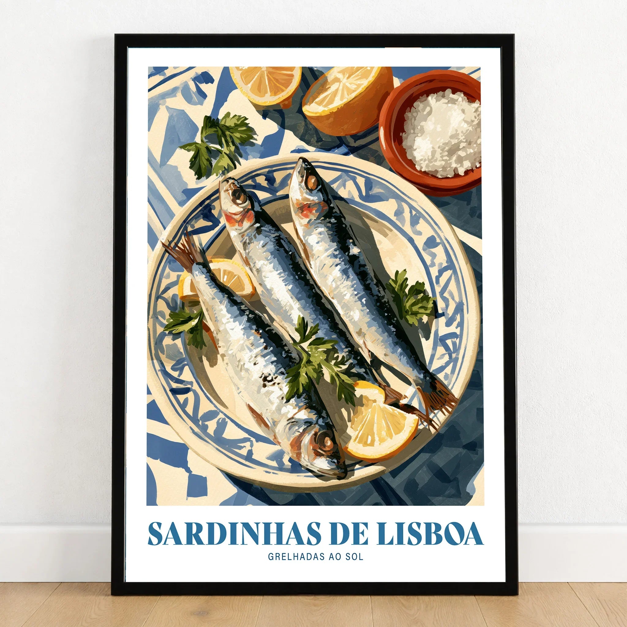 Lisbon Sardines Portuguese Kitchen Wall Art - art print in black frame on wooden floor