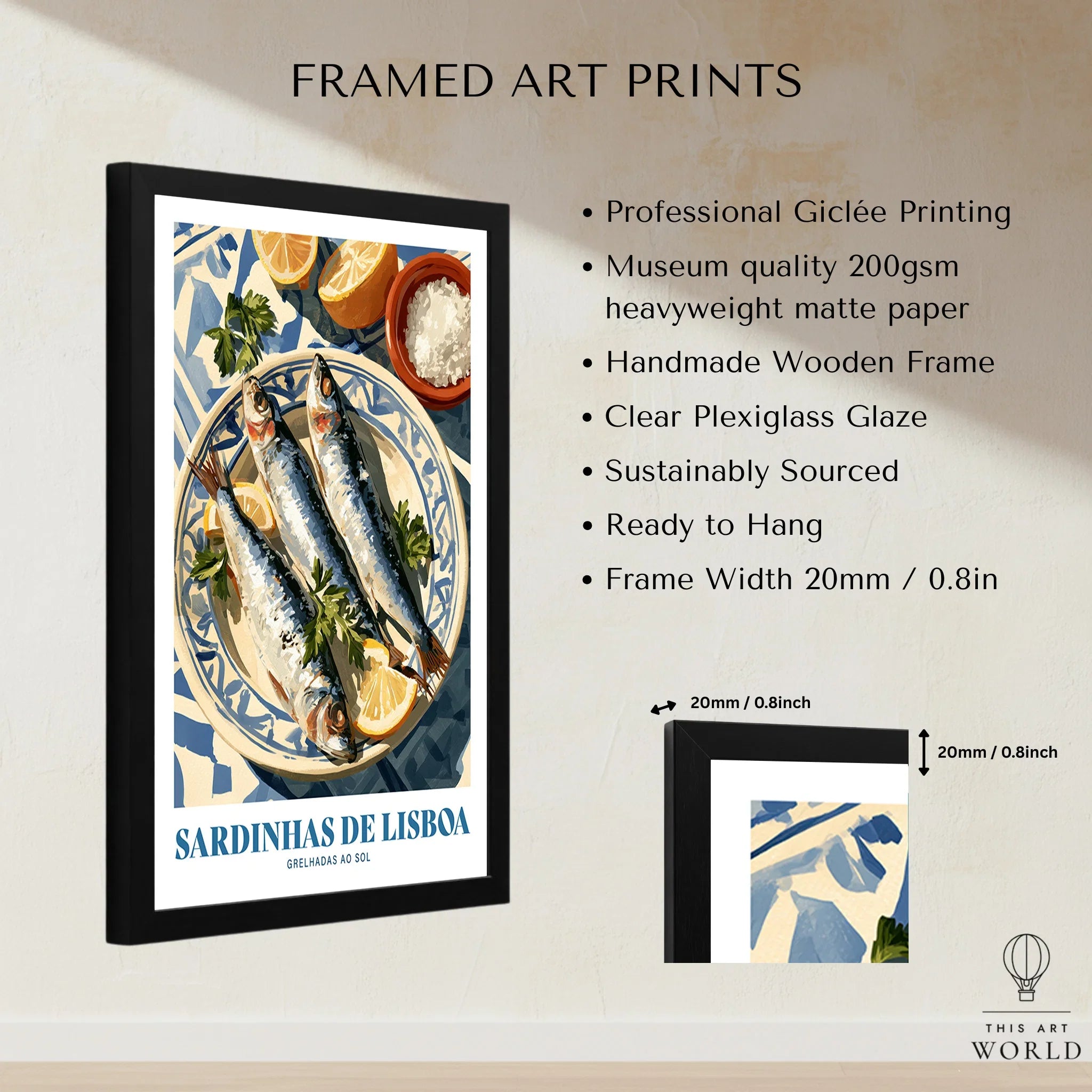 Lisbon Sardines Portuguese Kitchen Wall Art - framed print details measurements quality details