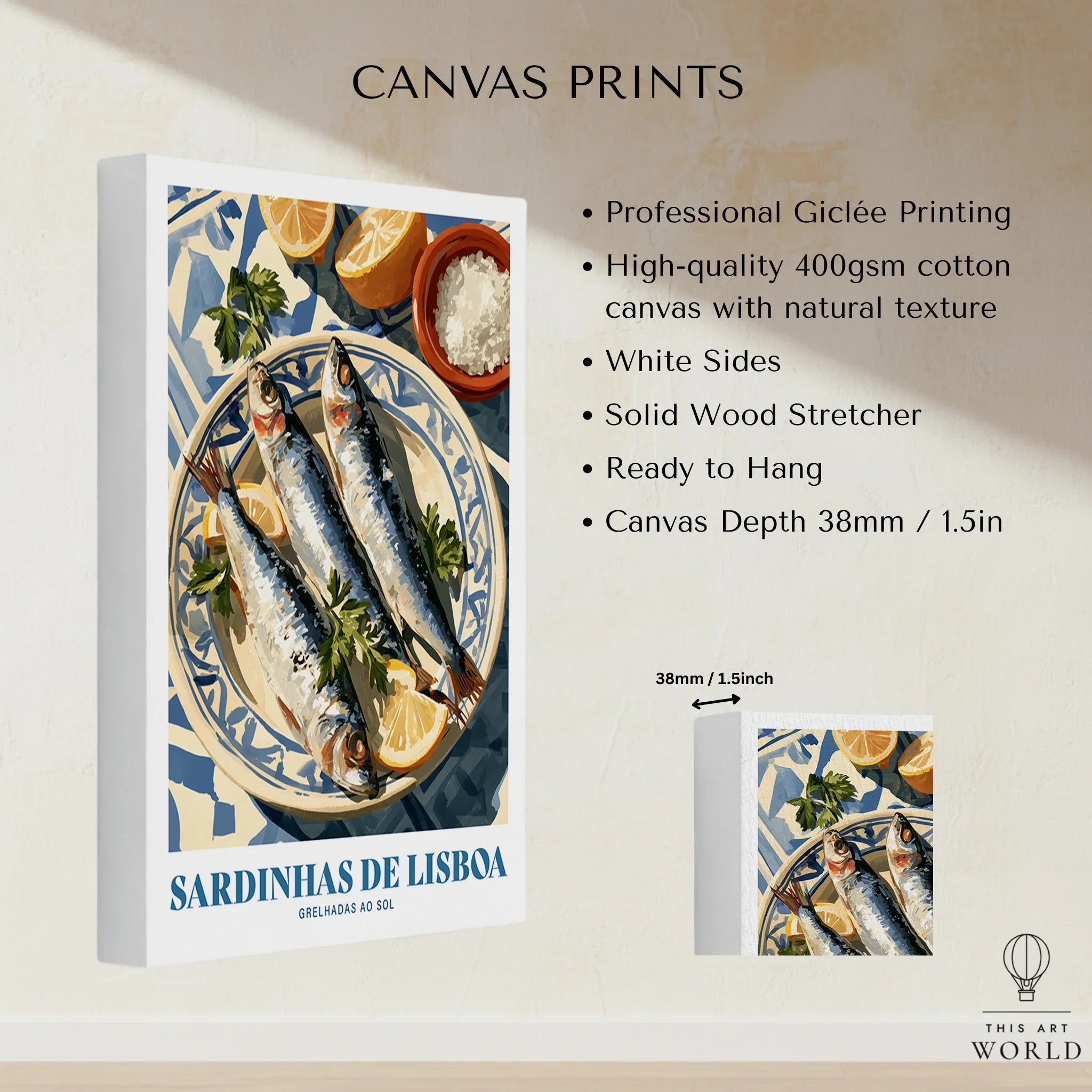 Lisbon Sardines Portuguese Kitchen Wall Art - canvas print stretched cotton canvas details