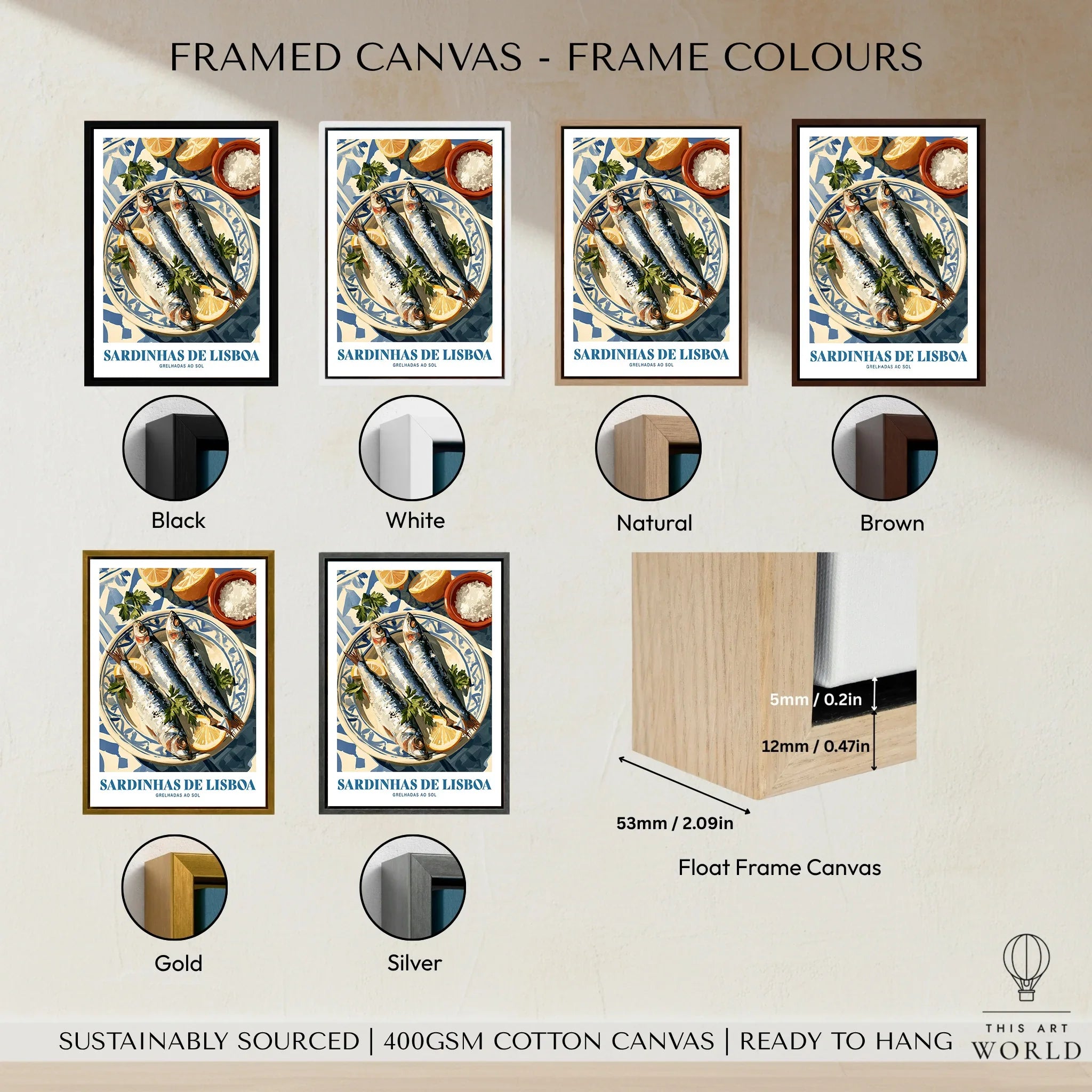 Lisbon Sardines Portuguese Kitchen Wall Art - framed canvas float frame colour options