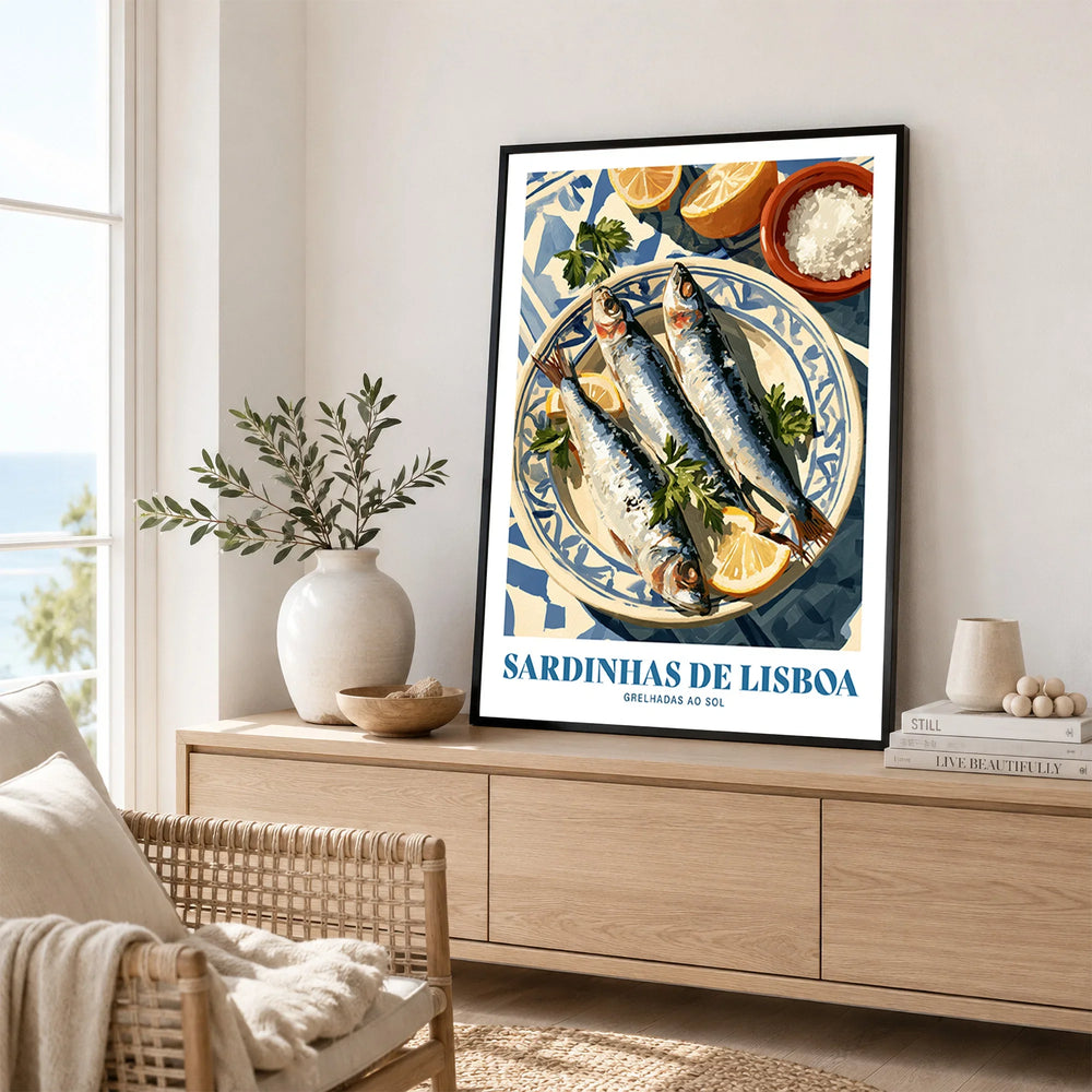 Lisbon Sardines Portuguese Kitchen Wall Art - framed artwork living room lifestyle setting