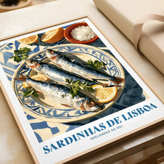 Lisbon Sardines Portuguese Kitchen Wall Art - framed art print closeup gift unwrapped natural frame