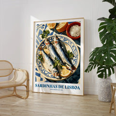 Lisbon Sardines Portuguese Kitchen Wall Art - large framed print room setting chair plant