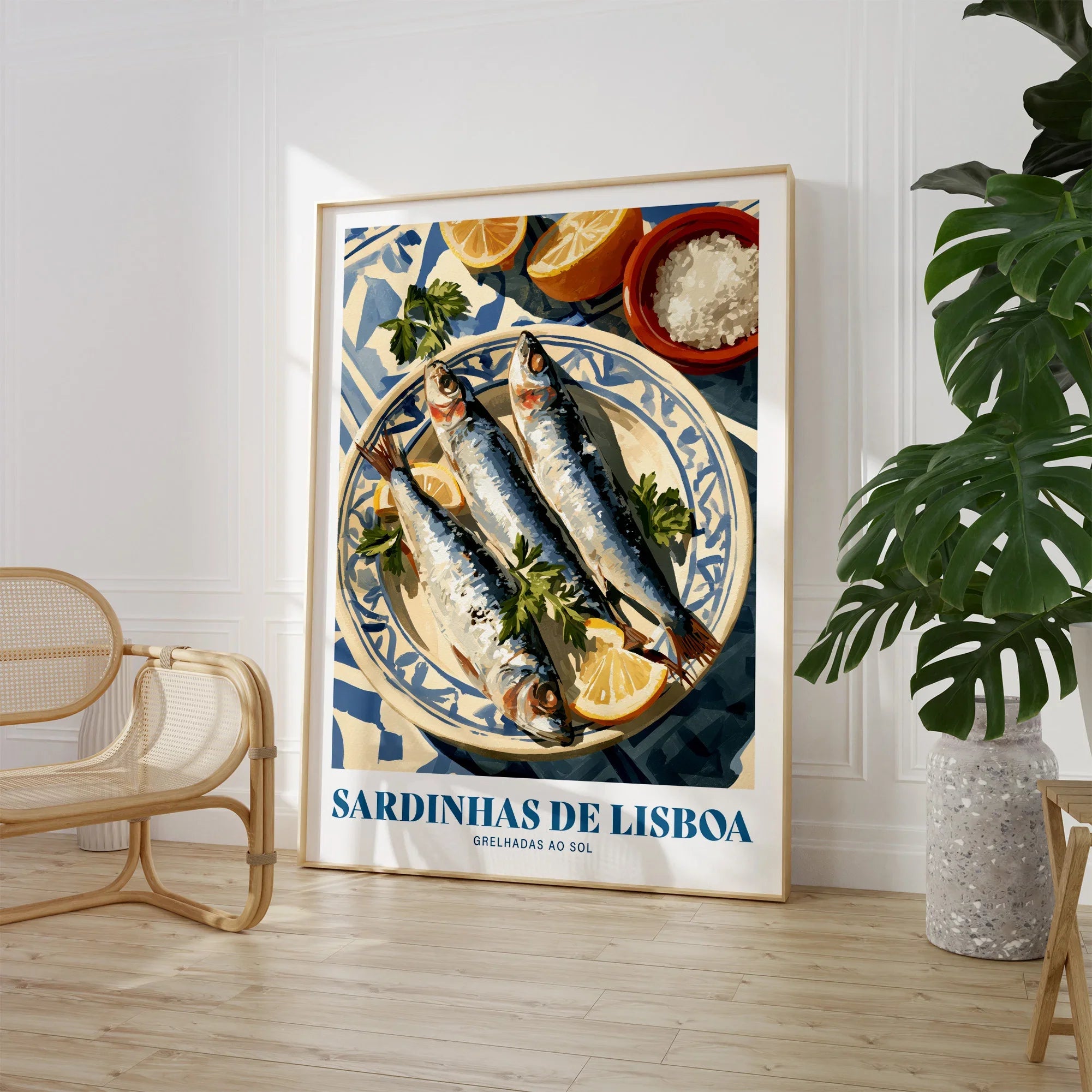 Lisbon Sardines Portuguese Kitchen Wall Art - large framed print room setting chair plant