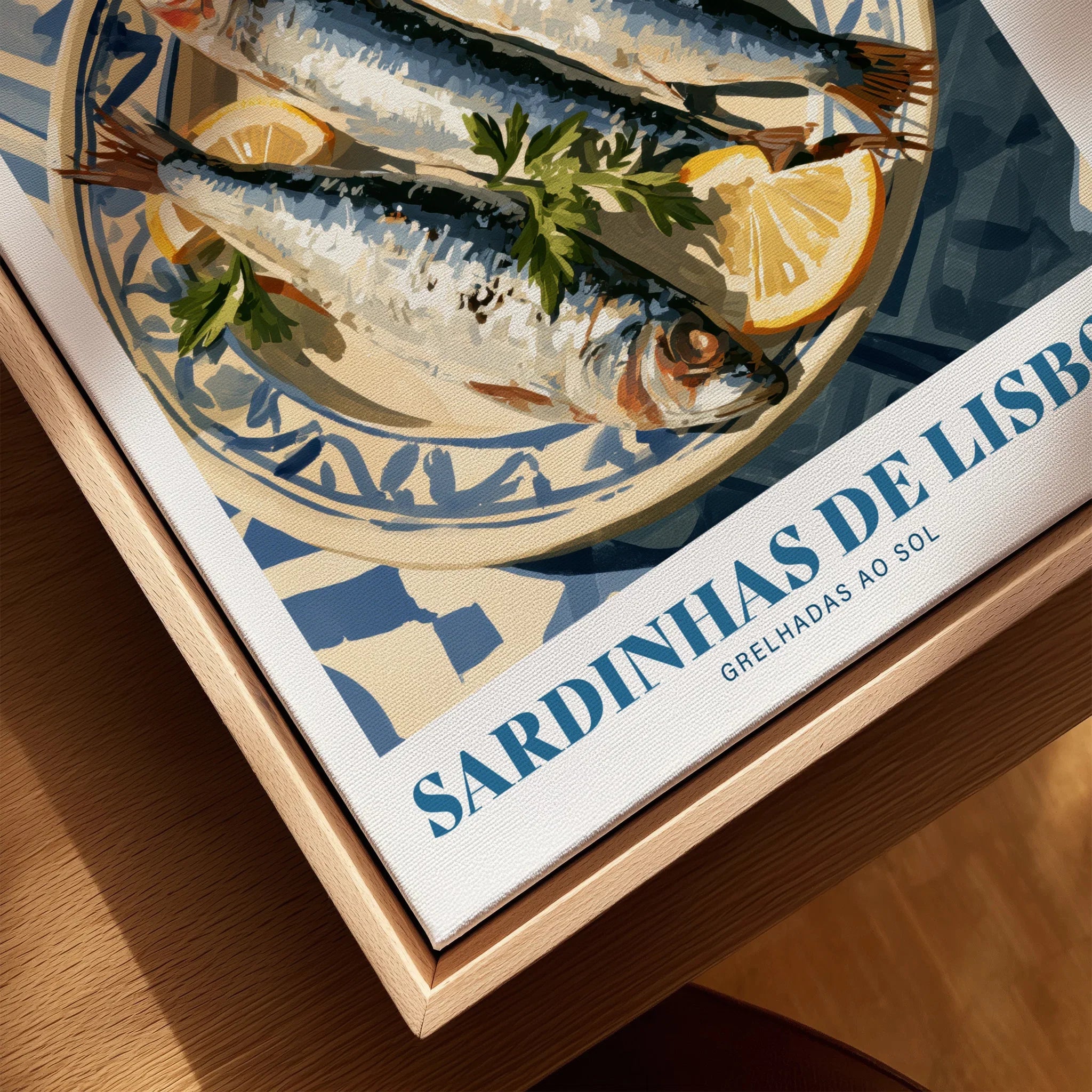 Lisbon Sardines Portuguese Kitchen Wall Art - closeup framed canvas natural wood floating frame