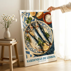 Lisbon Sardines Portuguese Kitchen Wall Art - canvas print mirror edge hand holding room setting