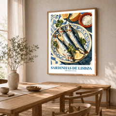 Lisbon Sardines Portuguese Kitchen Wall Art - dining room framed print natural wood frame mockup ThisArtWorld