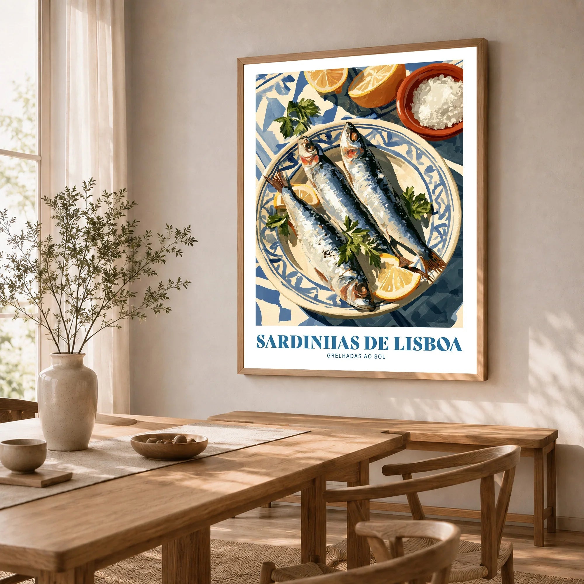 Lisbon Sardines Portuguese Kitchen Wall Art - dining room framed print natural wood frame mockup ThisArtWorld
